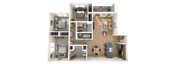 A 3D floor plan of a small apartment with a kitchen, living room, and bedrooms.