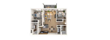 A 3D floor plan of a house showing a living room, kitchen, and two bedrooms.