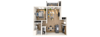 A 3D floor plan of a small apartment with a kitchen, living room, and bathroom.