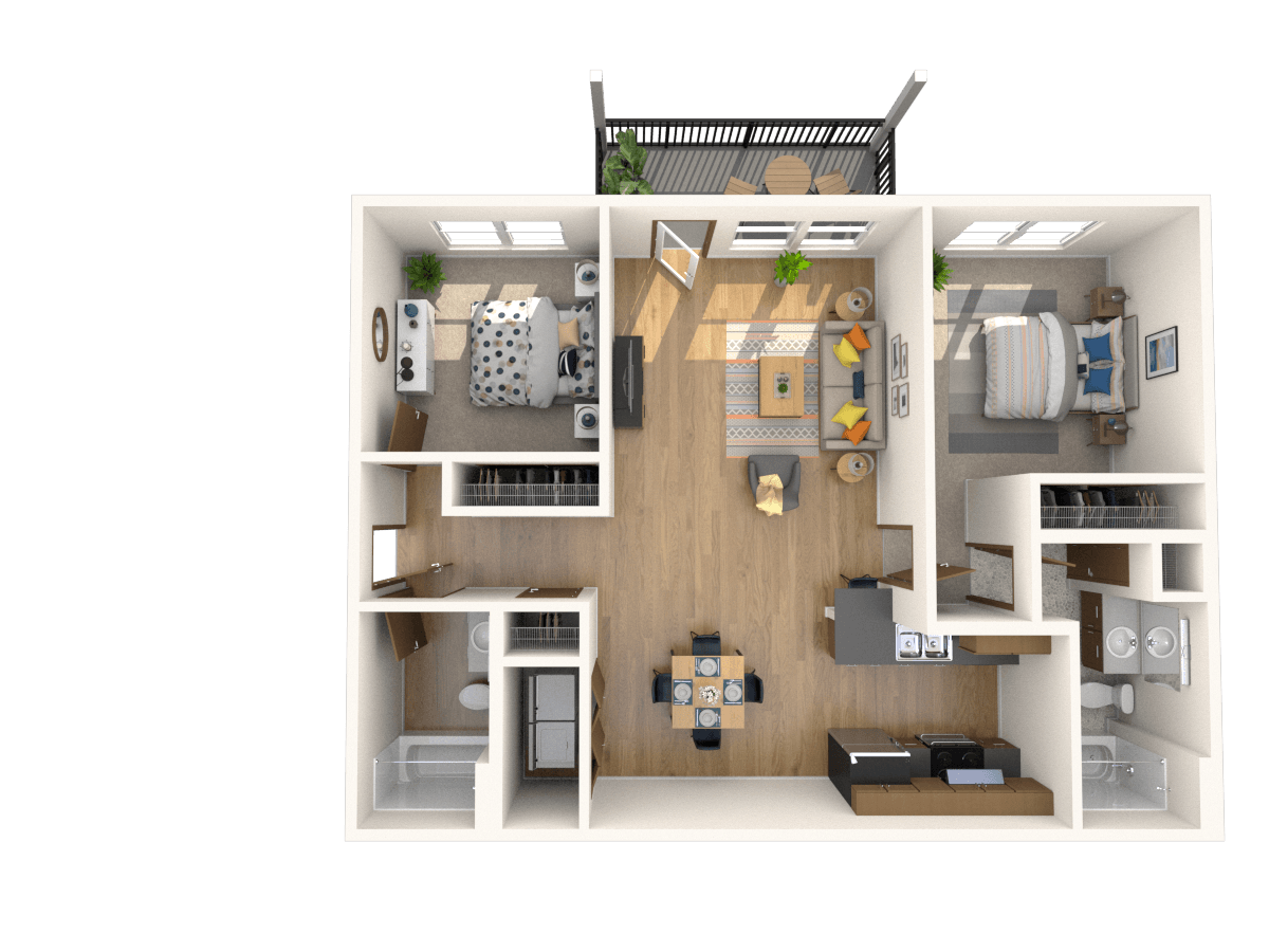 A 3D floor plan of a small apartment with a kitchen, living room, and bedrooms.