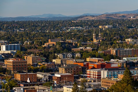 A cityscape with buildings of various sizes and colors, surrounded by trees and hills in the distance.