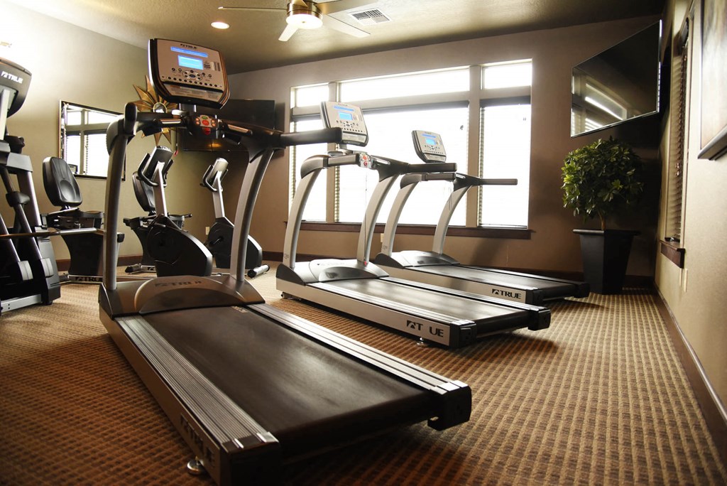 a row of treadmills in the gym of a hotel room