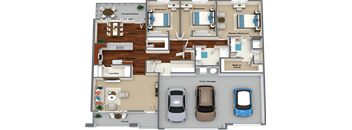 3d floor plan of a house with cars in the garage