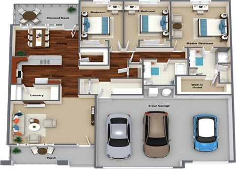 3d floor plan of a house with cars in the garage