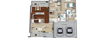 3d floor plan of a house with cars in the garage
