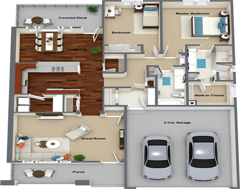 3d floor plan of a house with cars in the garage