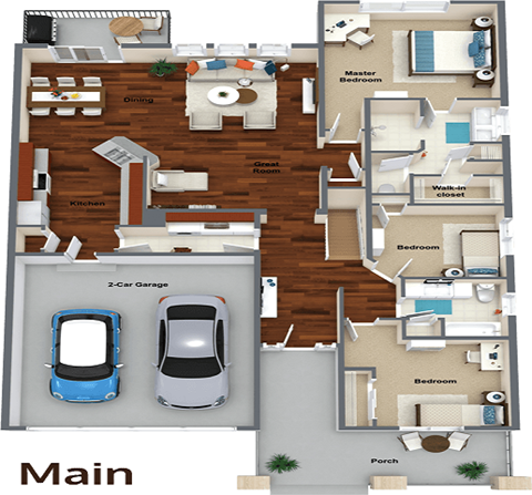 3d floor plan of a house with a car in the garage