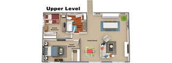 the upper level of a room with a bed and a living room