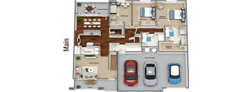 3d floor plan of a house with cars in the garage