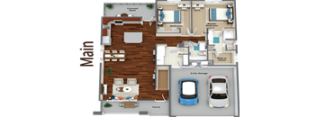 3d floor plan of a residence with a car in the garage
