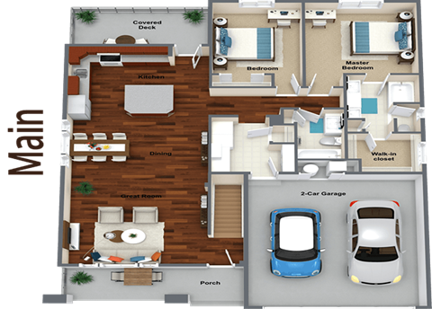 3d floor plan of a residence with a car in the garage