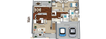 3d floor plan of a residence with a car in the garage