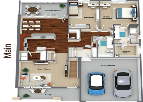 3d floor plan of a residence with a car in the garage