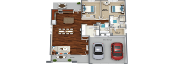 a floor plan of a house with a car in the living room
