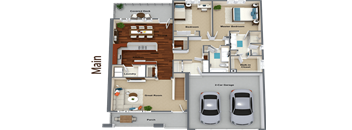 a 3d rendering of a floor plan with cars in the garage