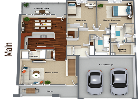 a 3d rendering of a floor plan with cars in the garage