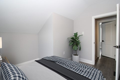 a bedroom with a bed and a potted plant in the corner