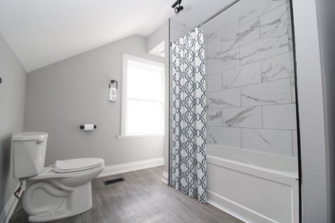 a bathroom with a toilet and a shower with a curtain