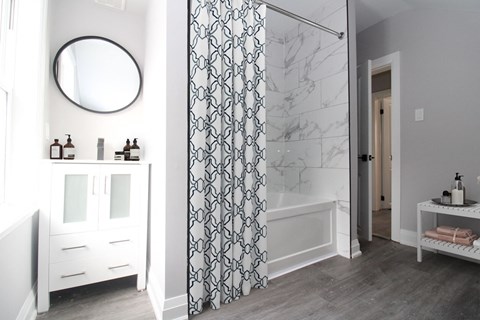 a bathroom with a shower curtain and a sink and a mirror