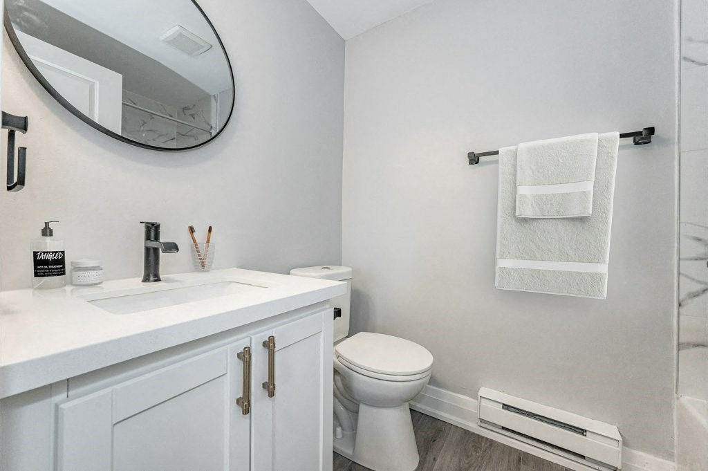 a bathroom with a sink and a toilet and a mirror