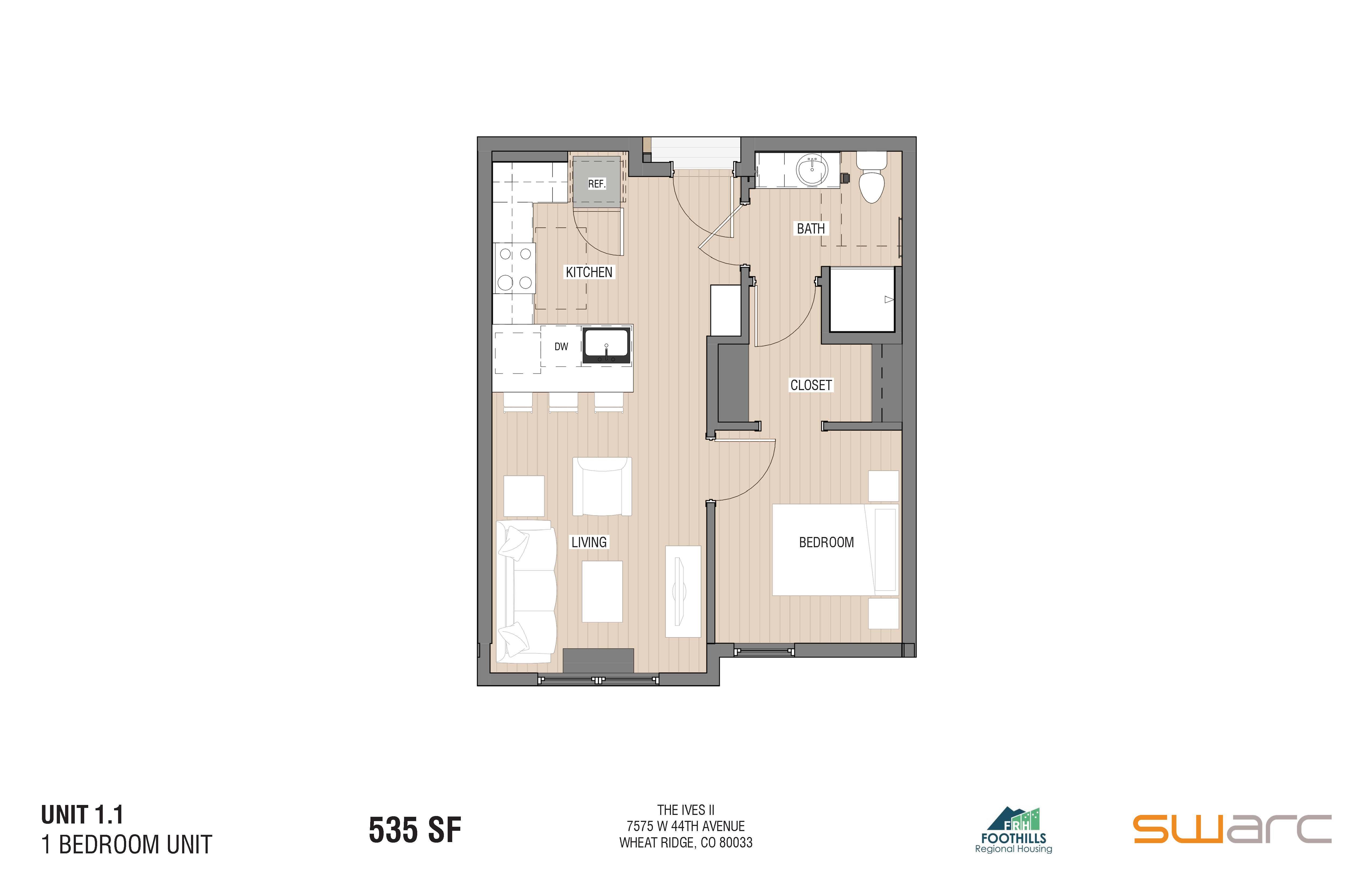 A floor plan of a 1 bedroom unit at The Foxes Place.