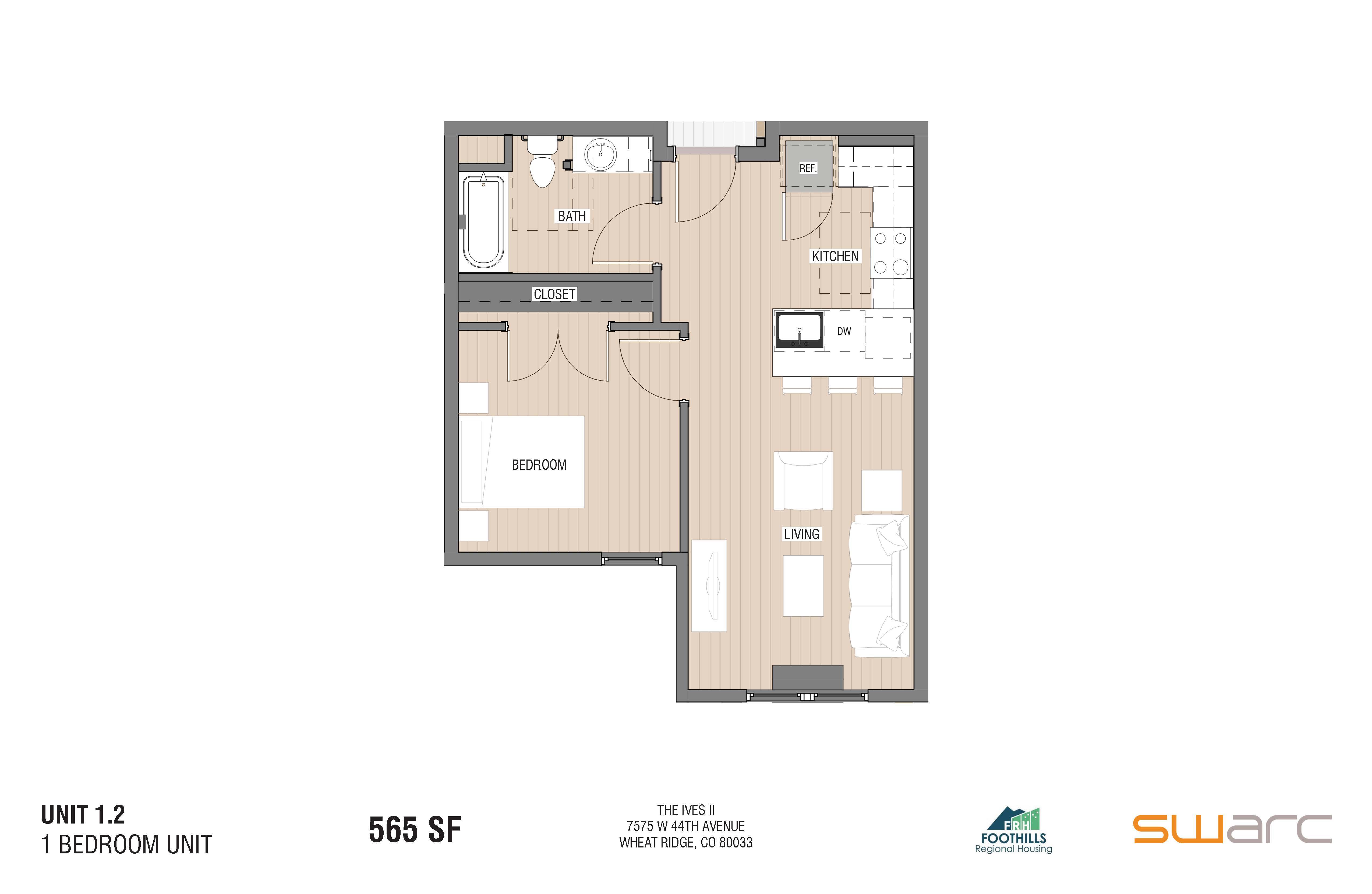 A floor plan of a 1 bedroom unit at The Ives II