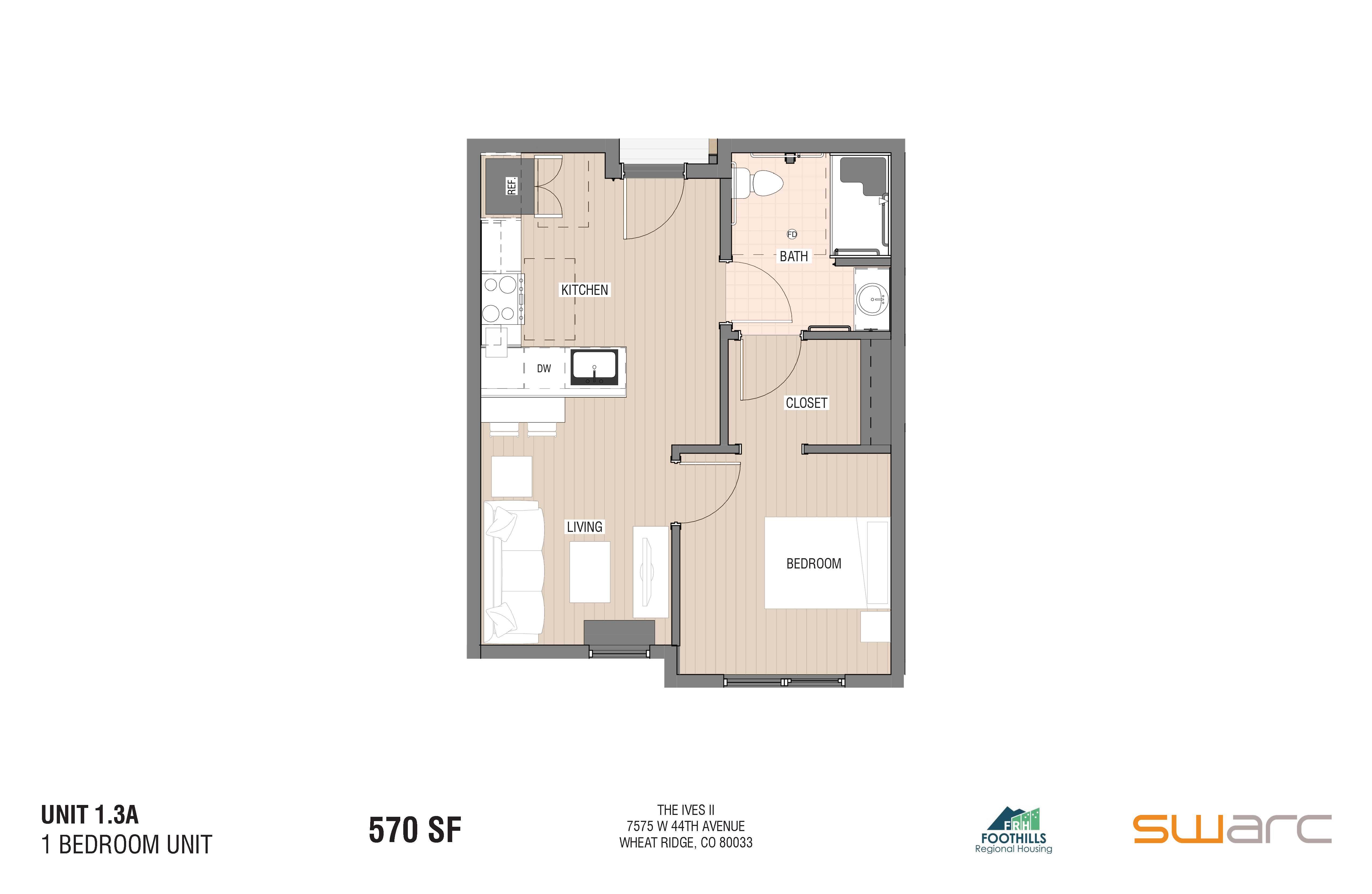 A floor plan of a 1 bedroom unit at The Ives II