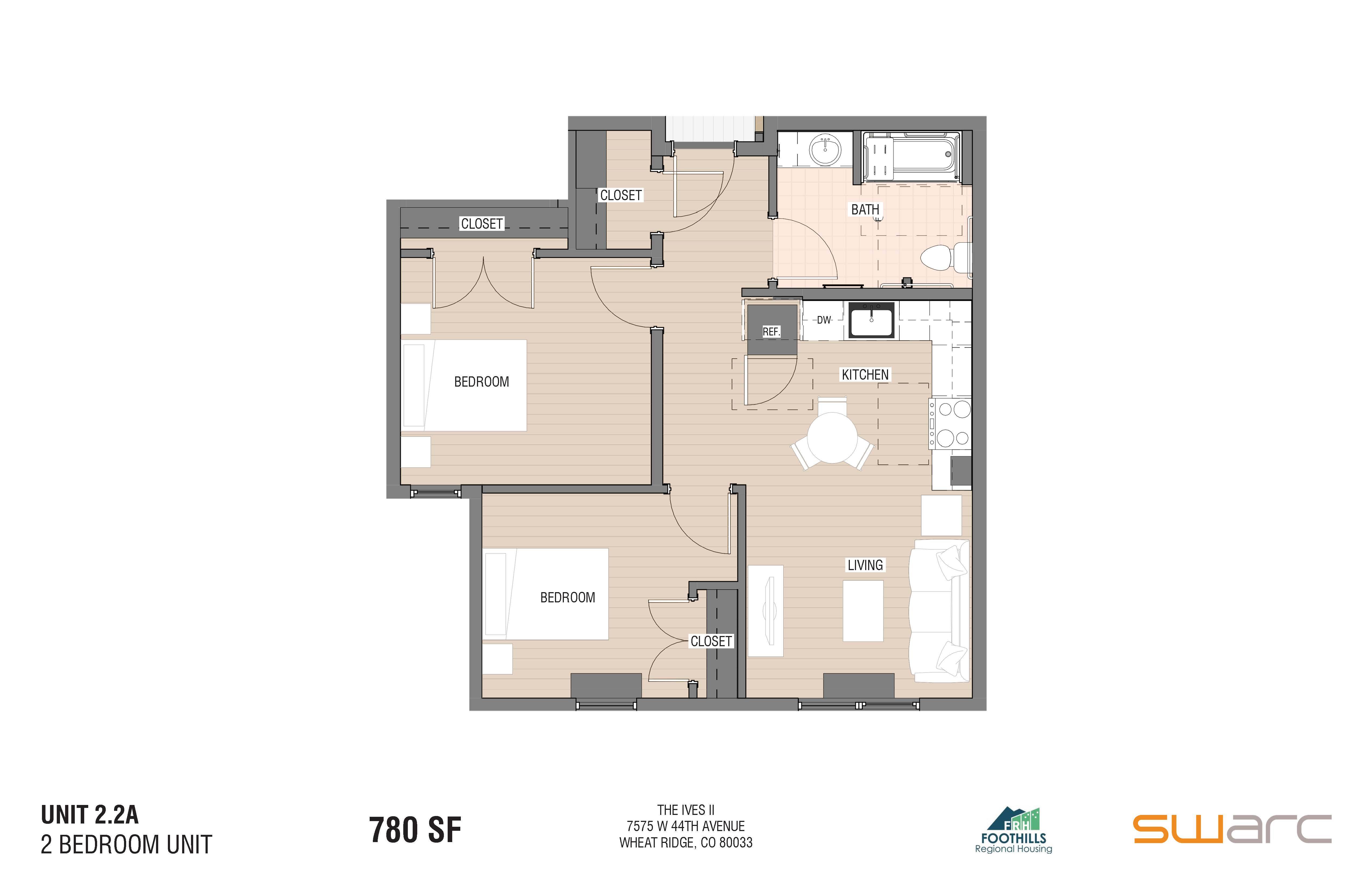 A floor plan of a 2 bedroom unit at The Ives II