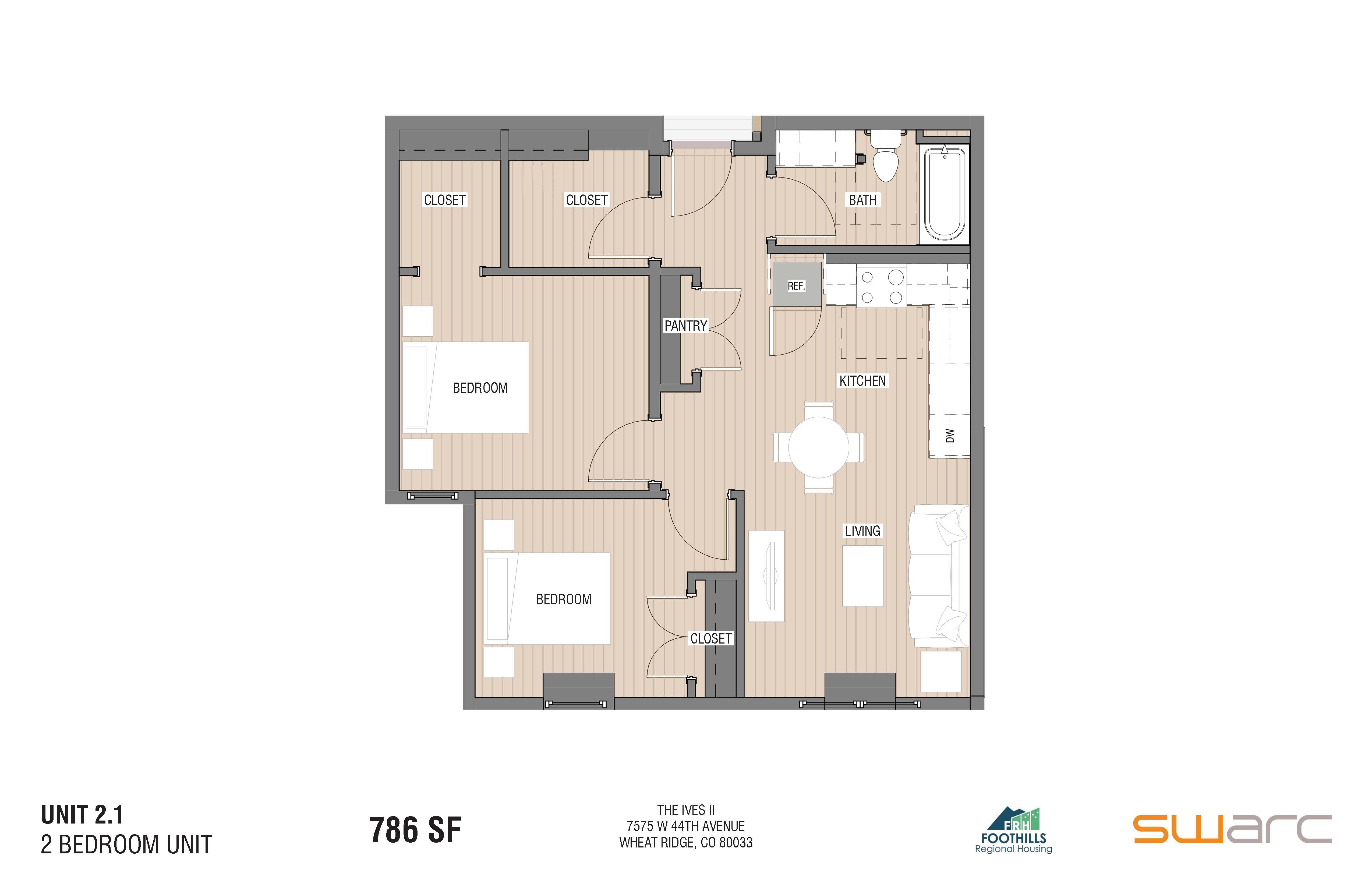 A floor plan of a 2 bedroom unit at The Ives II