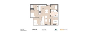 A floor plan of a 3 bedroom unit at Theales Flats.