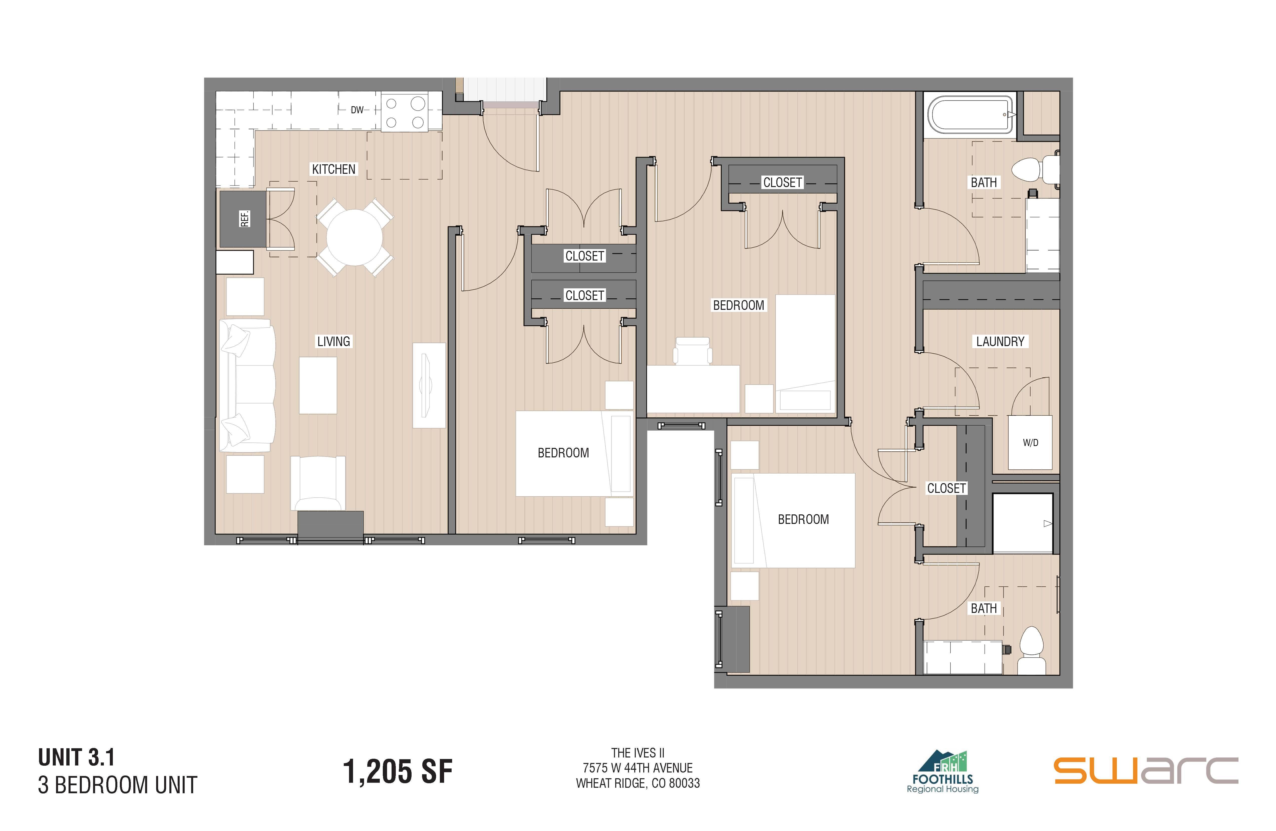 A floor plan of a 3 bedroom unit at The Foxes Place.