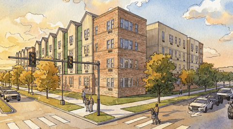 A street view of a residential area with cars, pedestrians, and trees.