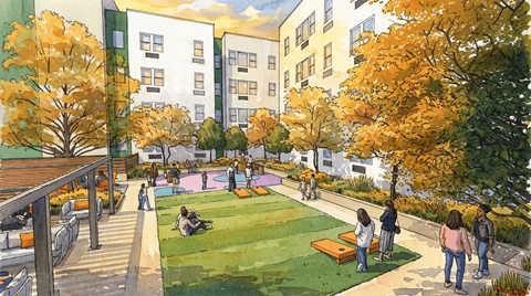 A group of people are gathered in a courtyard with a grassy area and trees.