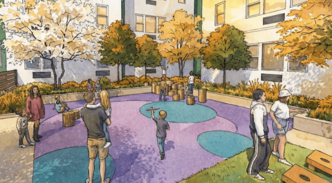 A group of people are gathered in a park-like setting.
