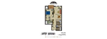 2d floorplan of a 1 bedroom, 1 bathroom unit