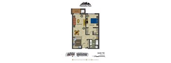 2d floorplan of a 1 bedroom, 1 bathroom unit