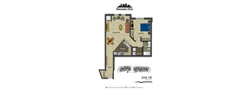 2d floorplan of a 1 bedroom, 1 bathroom unit