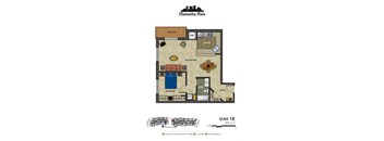 2d floorplan of a 1 bedroom, 1 bathroom unit