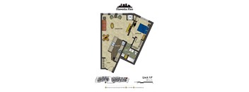 2d floorplan of a 1 bedroom, 1 bathroom unit