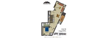 2d floorplan of a 1 bedroom, 1 bathroom unit