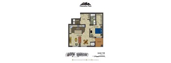 2d floorplan of a 1 bedroom, 1 bathroom unit