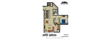 2d floorplan of a 1 bedroom, 1 bathroom unit