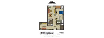 2d floorplan of a 1 bedroom, 1 bathroom unit