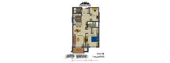 2d floorplan of a 1 bedroom, 1 bathroom unit