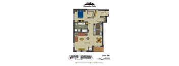 2d floorplan of a 1 bedroom, 1 bathroom unit