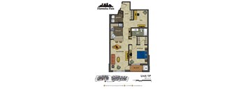 2d floorplan of a 1 bedroom, 1 bathroom unit