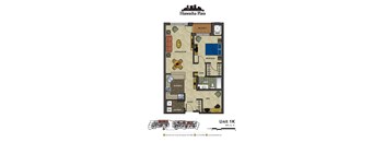 2d floorplan of a 1 bedroom, 1 bathroom unit