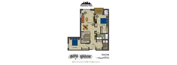 2d floorplan of a 2 bedroom, 1 bathroom unit