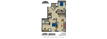2d floorplan of a 2 bedroom, 2 bathroom unit