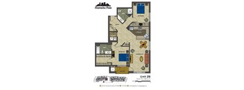 2d floorplan showing the first floor of a 2 bedroom 2 bathroom unit